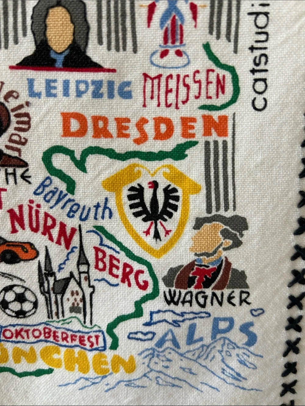 Germany Tea Towel Catstudio with Rickrack Trim. Cotton. Machine Wash.
